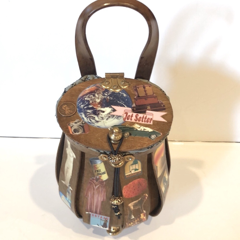 KATIE BAG VINTAGE - HAND CRAFTED DECOUPAGE WOODEN JETSETTER  BAG - Picture 2 of 14
